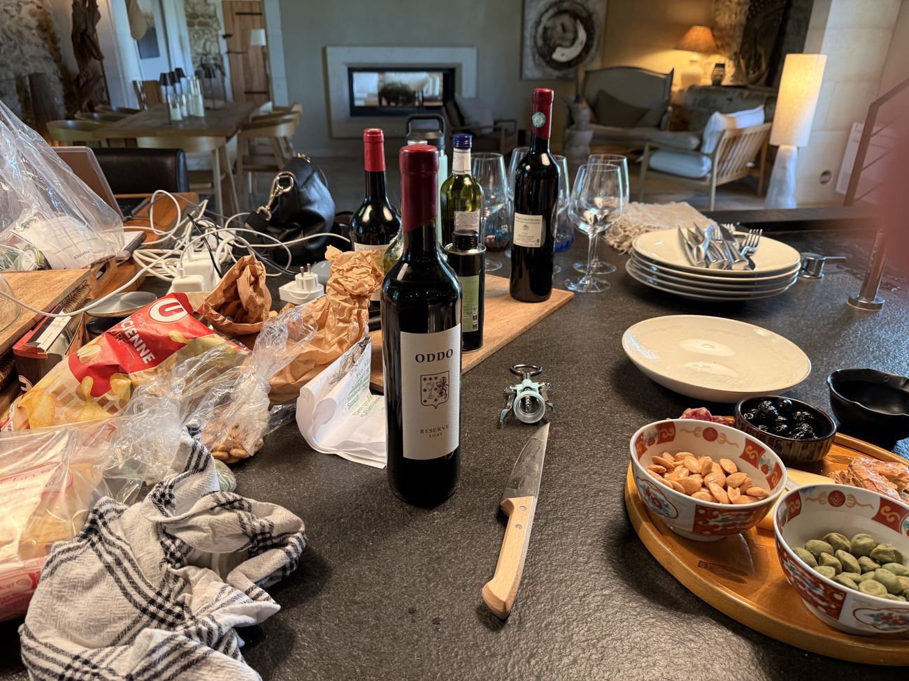 Bread, wine and olives in