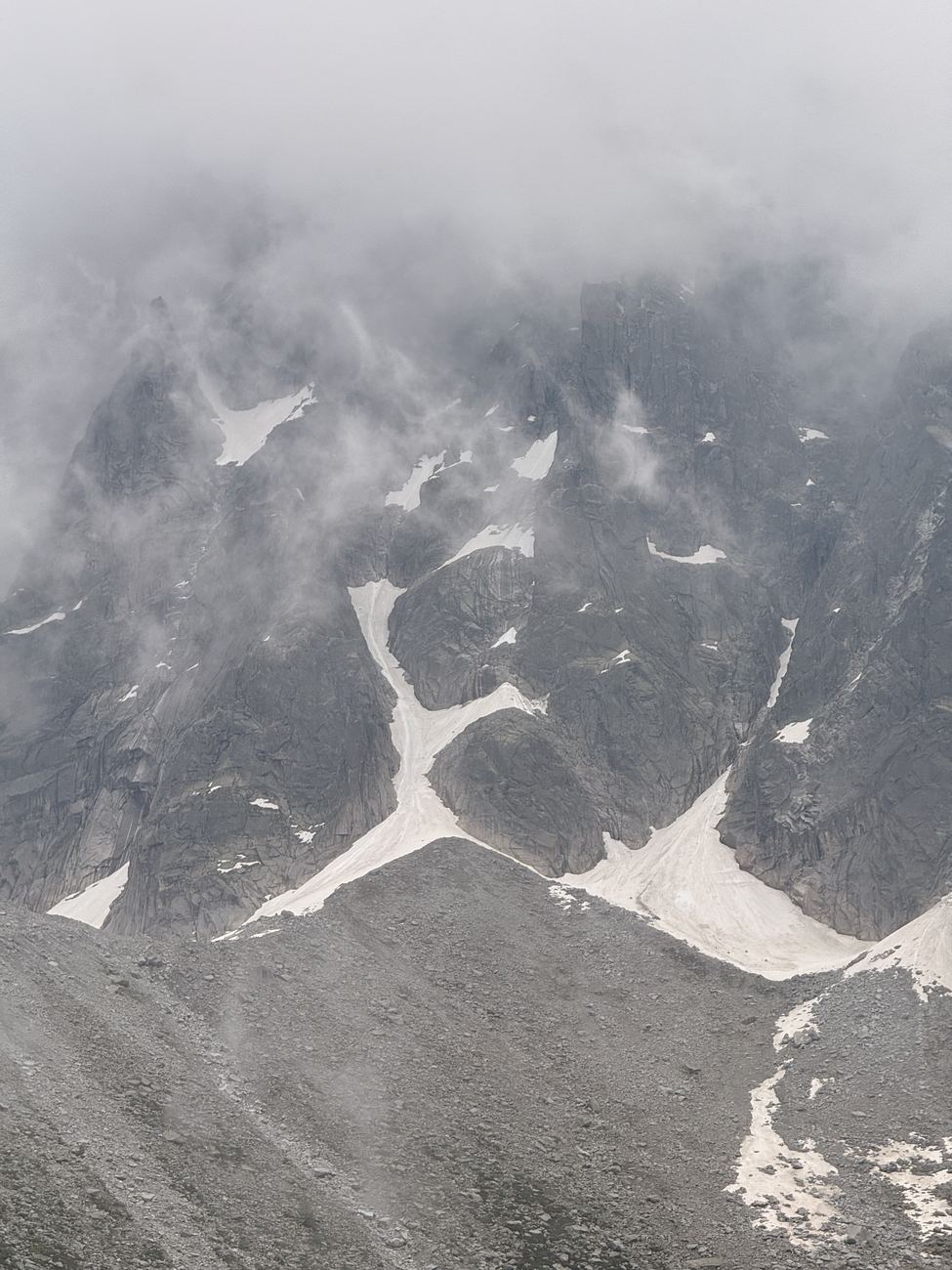 The moraine, in and out of cloud
