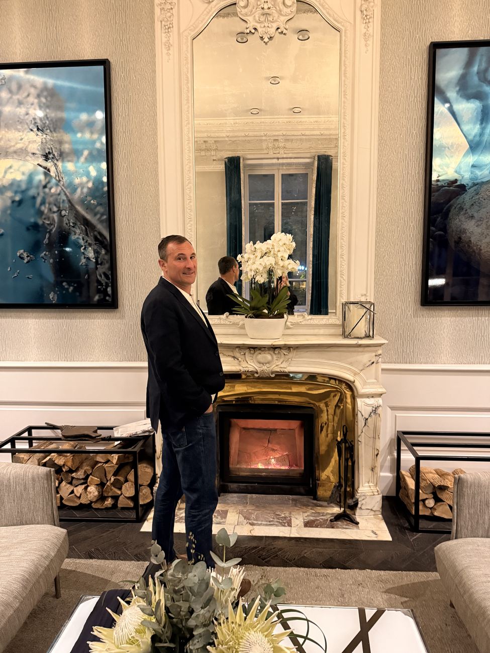 By the lobby fire
